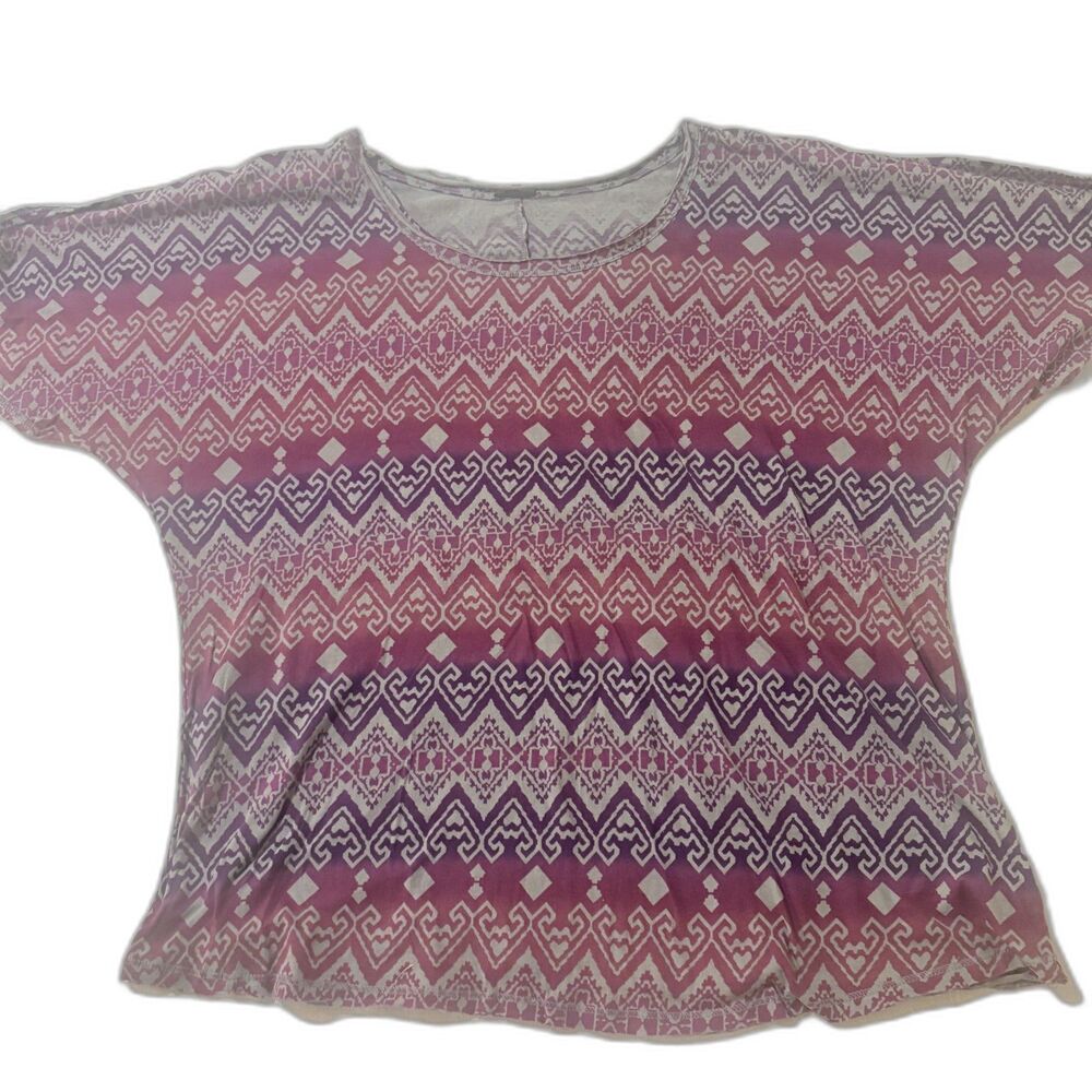 Women’s Geometric Print Cold Shoulder Tie Sleeve Top Red Pink Gray Large